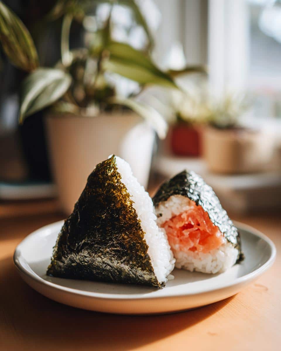 Two salmon Onigiri rice balls on a plate, one cut open to reveal the filling.