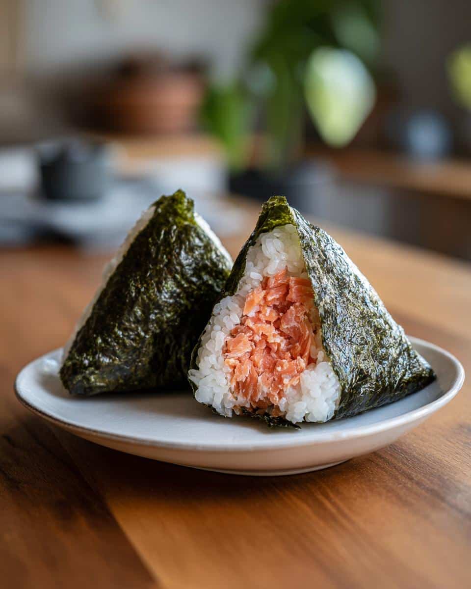 Two salmon Onigiri rice balls on a plate, one cut open to show the filling.