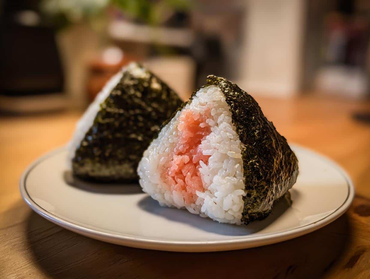 Two triangle-shaped onigiri rice balls, one with a salmon filling, wrapped in nori seaweed on a plate.