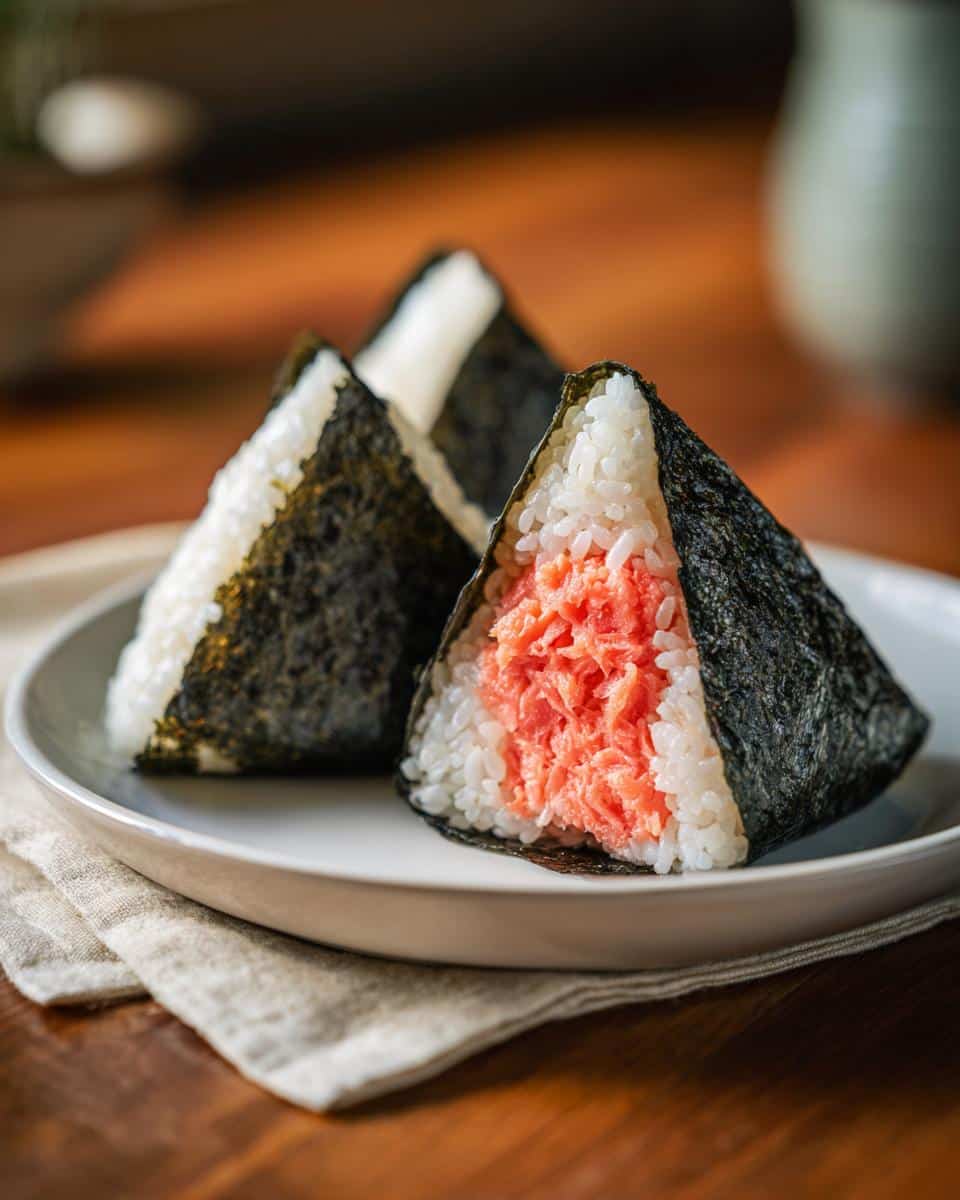 Three salmon Onigiri rice balls wrapped in nori seaweed on a white plate.