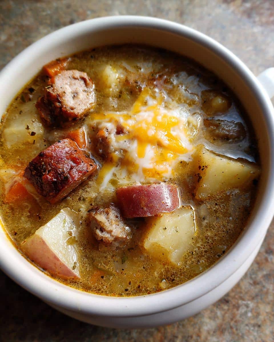 Close-up of a bowl of hearty sausage potato soup, topped with melted shredded cheese and visible chunks of sausage and potato.