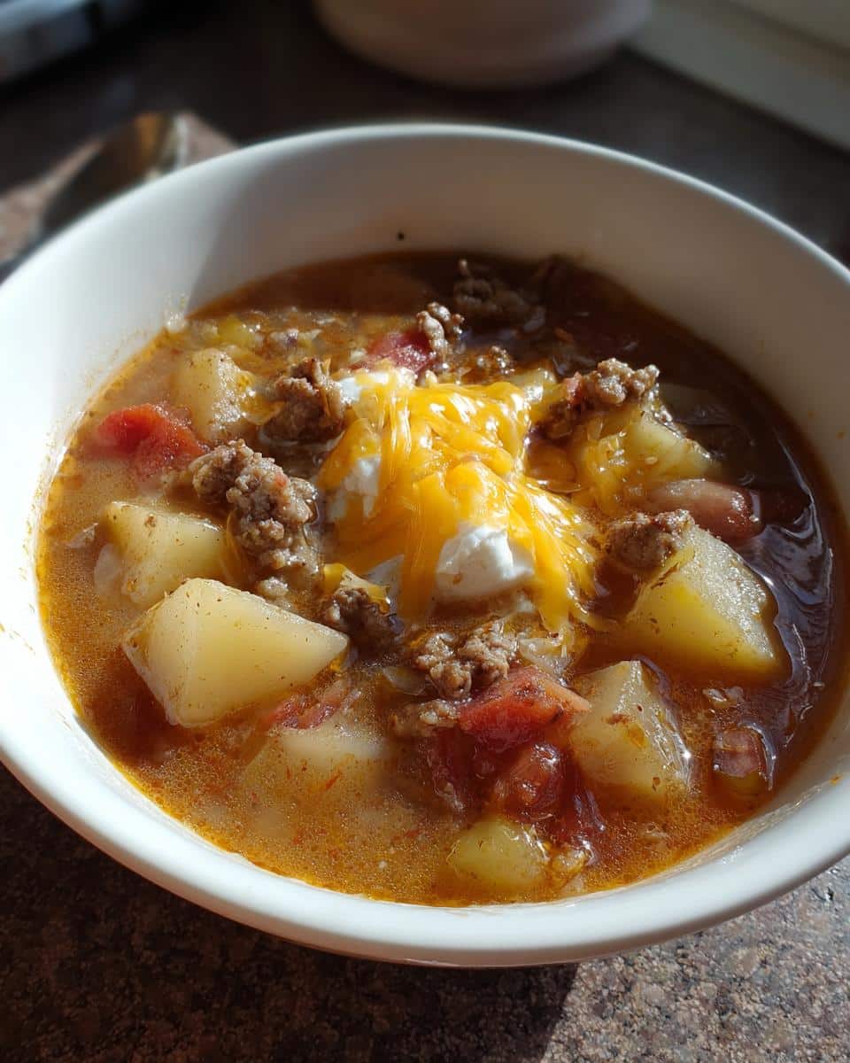 A close-up of a bowl of hearty sausage potato soup, topped with sour cream and shredded cheese.