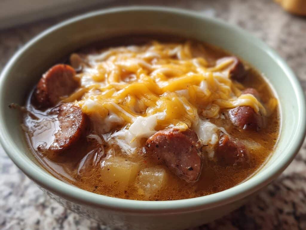 A close-up of a bowl of hearty sausage potato soup topped with melted shredded cheese.