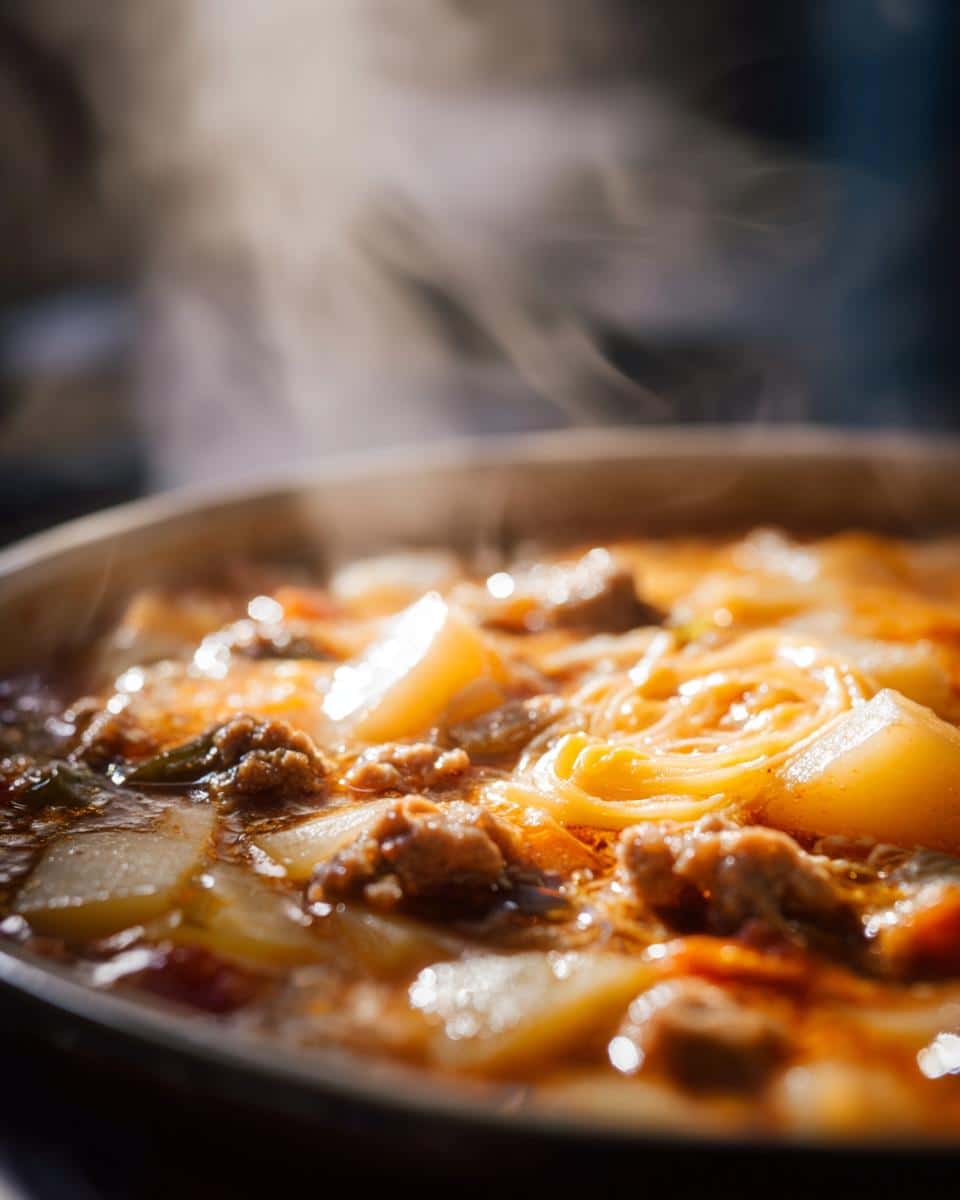 Close-up of steaming sausage potato soup with chunks of potato and noodles in a rich broth.