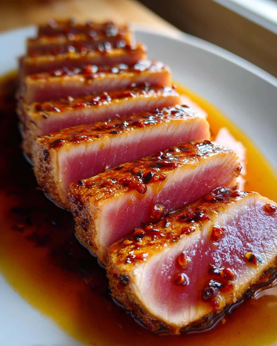 Close-up of perfectly seared ahi tuna slices, showcasing a beautiful pink interior and a glistening glaze.