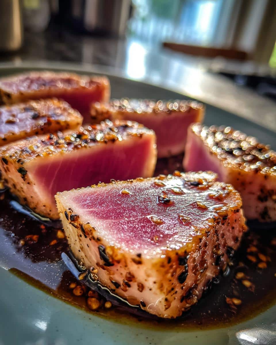Close-up of perfectly seared ahi tuna steaks, coated in spices and resting in a savory sauce.
