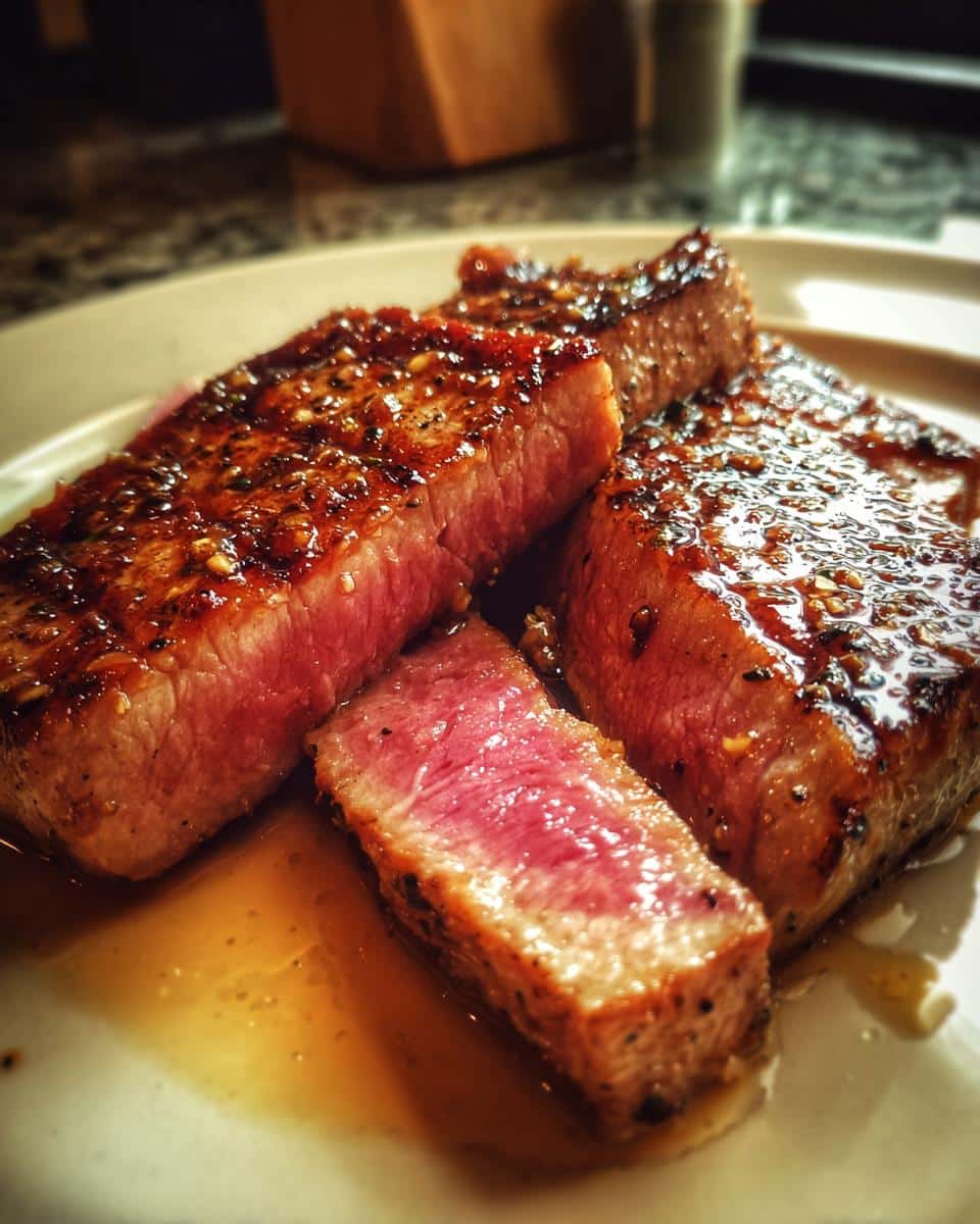 Close-up of perfectly seared ahi tuna steaks, showing a bright pink interior and a glistening glaze.
