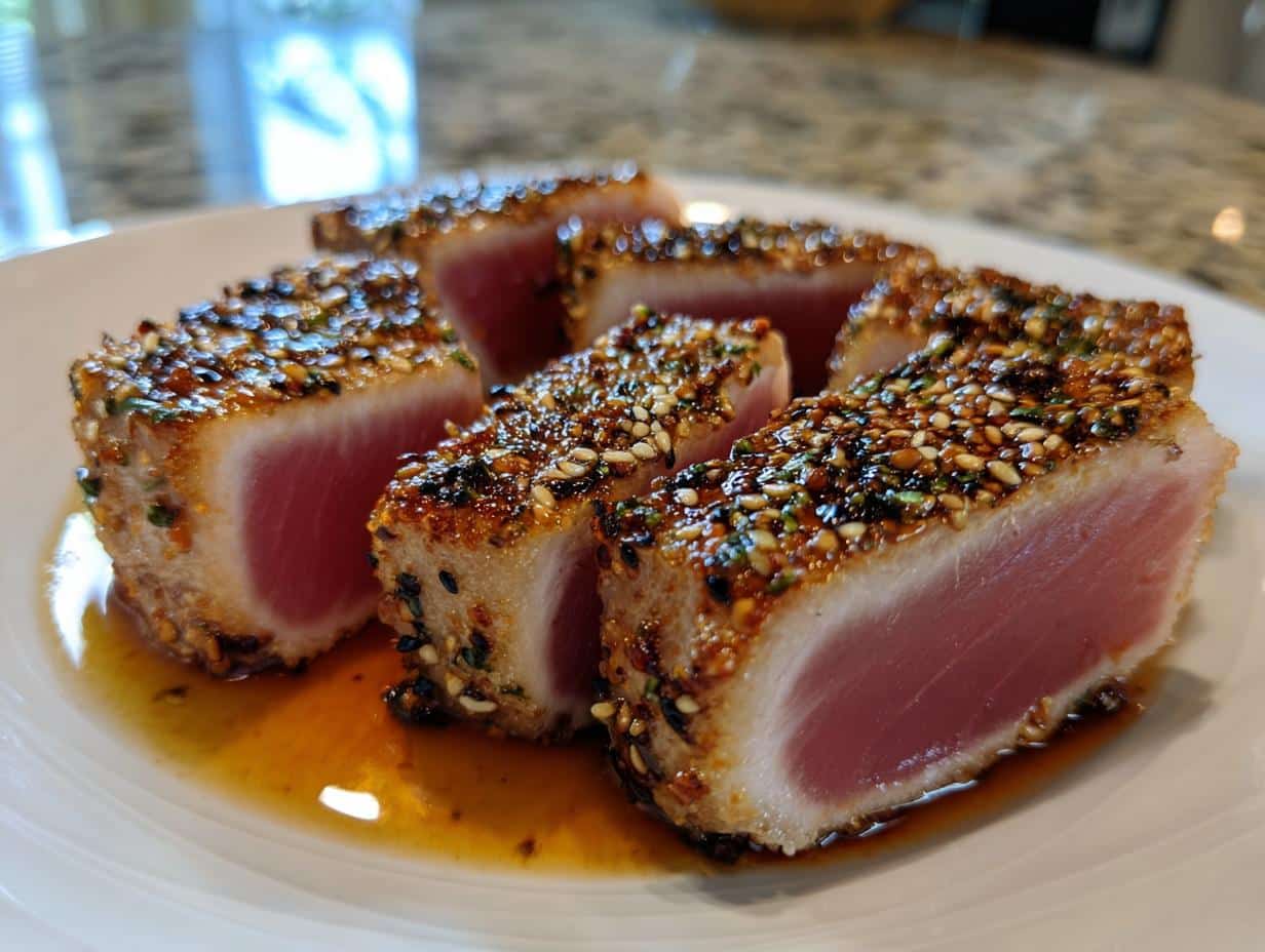 Close-up of seared ahi tuna steaks coated in sesame seeds and herbs, served on a white plate with sauce.