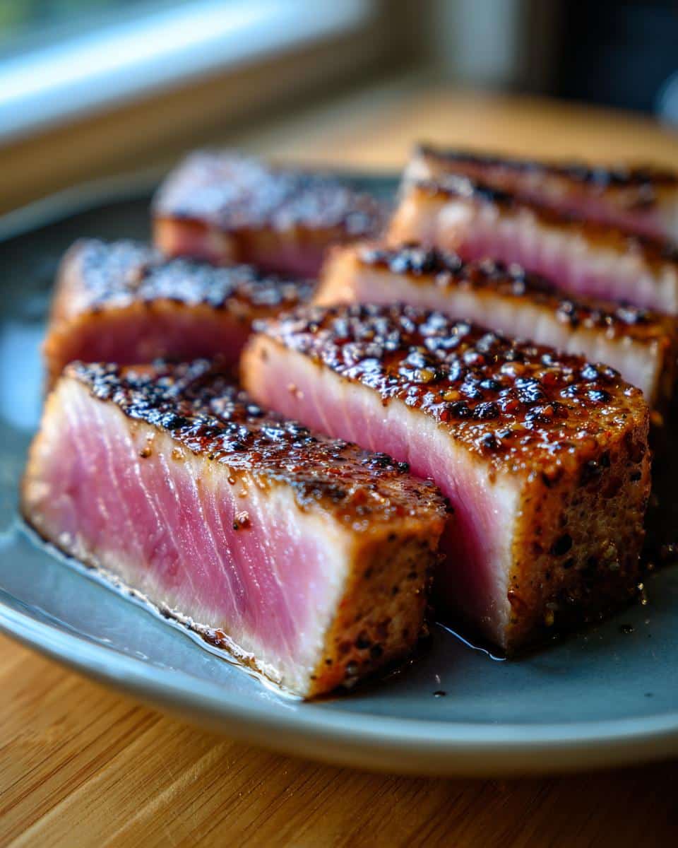 Close-up of perfectly seared ahi tuna steaks, showing a beautiful pink interior and a dark, seasoned crust.