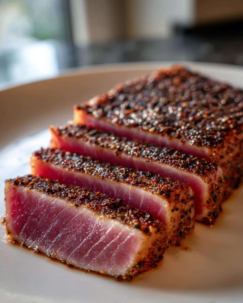 Close-up of perfectly seared tuna steak slices, coated in a pepper crust, showcasing the vibrant pink interior.