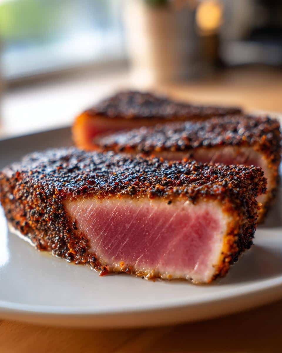 Close-up of a seared tuna steak recipe, showcasing its pink, flaky interior and dark, seasoned crust.