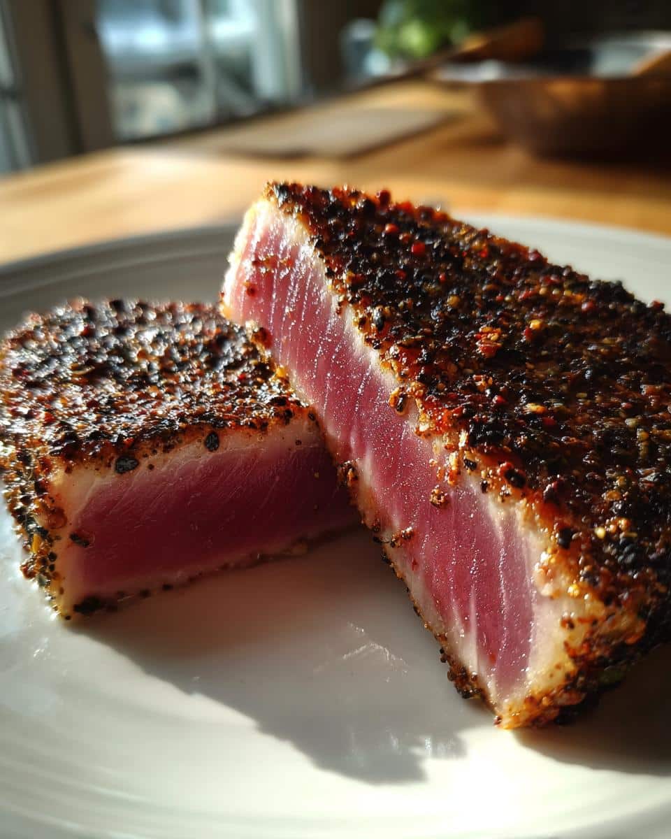Close-up of two seared tuna steak halves, crusted with spices, on a white plate.