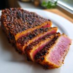 Close-up of perfectly seared tuna steak recipes, sliced to reveal a vibrant pink interior and a dark, seasoned crust.