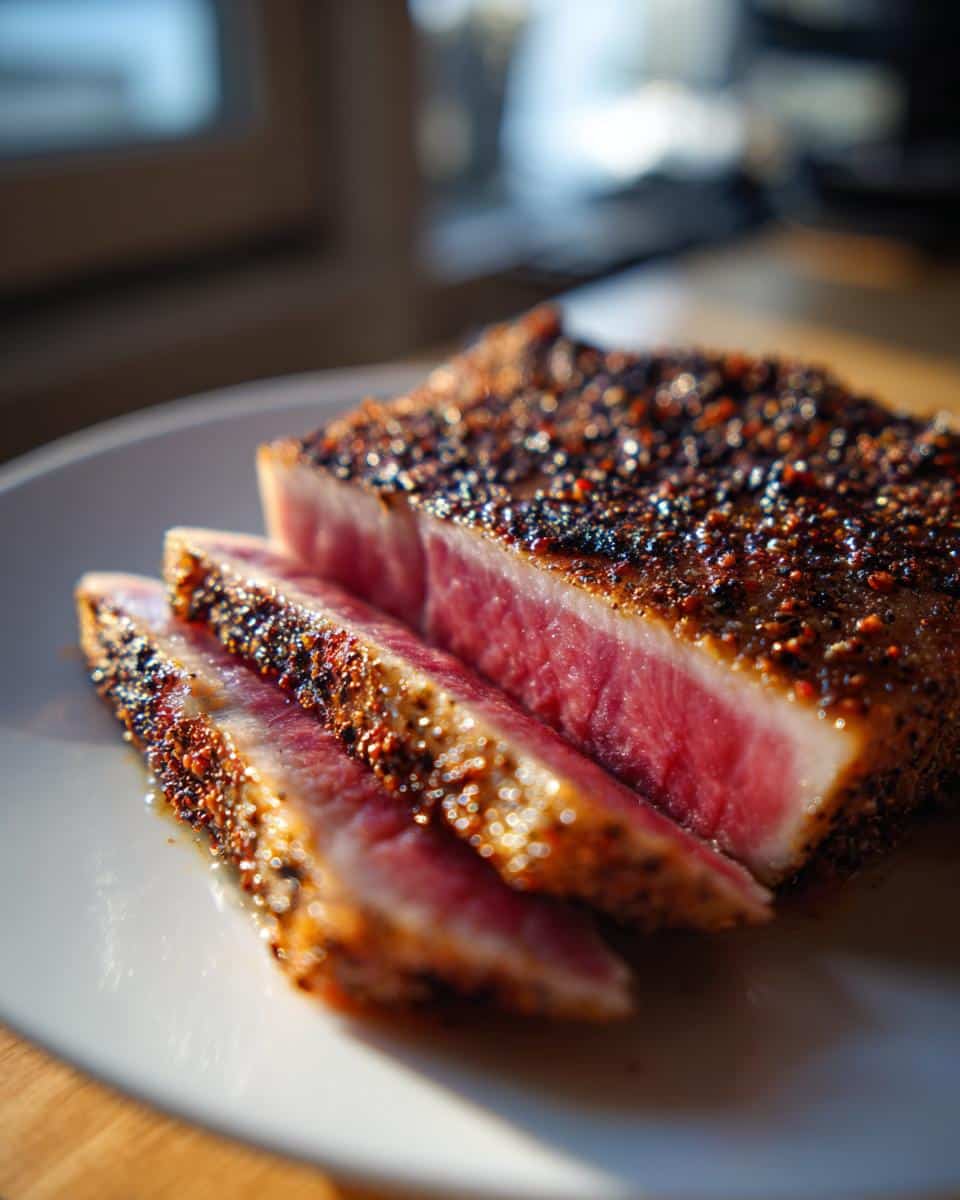 Close-up of perfectly seared tuna steak recipes, sliced to reveal a vibrant pink interior and a flavorful pepper crust.