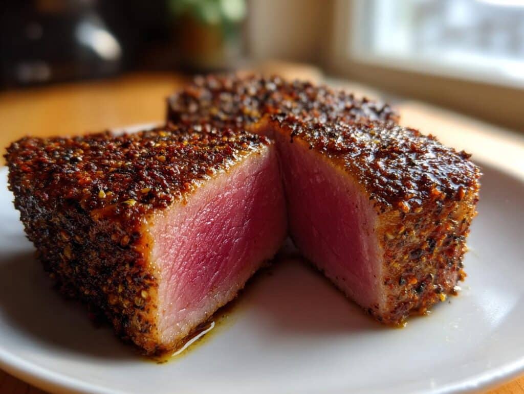 Close-up of a perfectly seared tuna steak, cut in half, showcasing a vibrant pink interior and a flavorful spice crust.