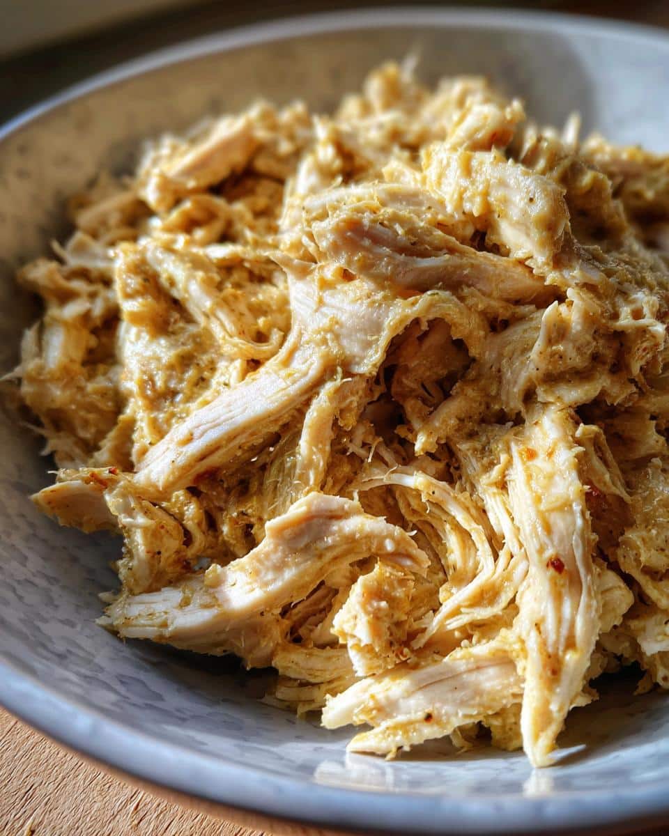 Close-up of tender shredded chicken breast, perfect for chicken breast crockpot recipes.