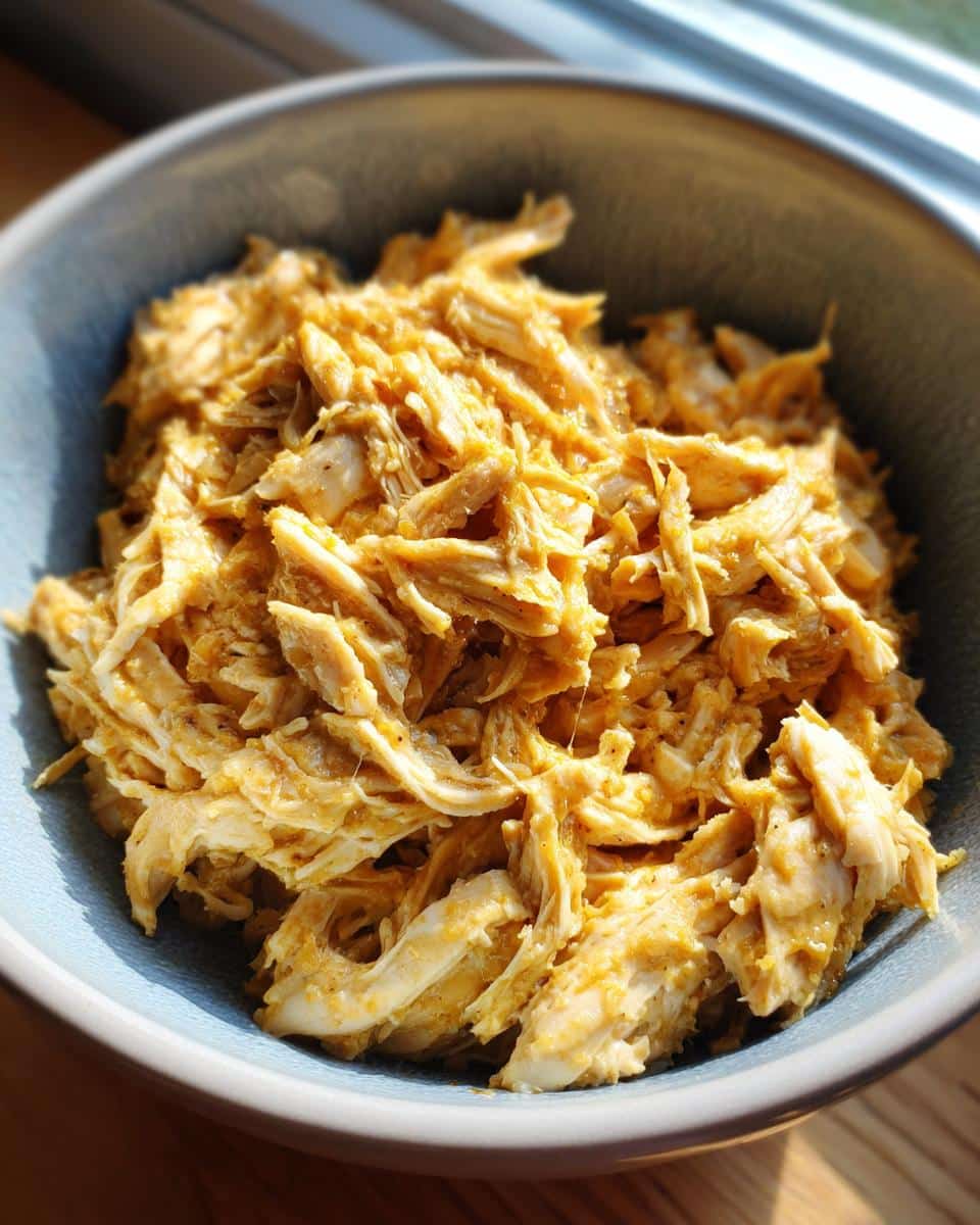Close-up of shredded chicken breast in a bowl, a key ingredient for delicious chicken breast crockpot recipes.
