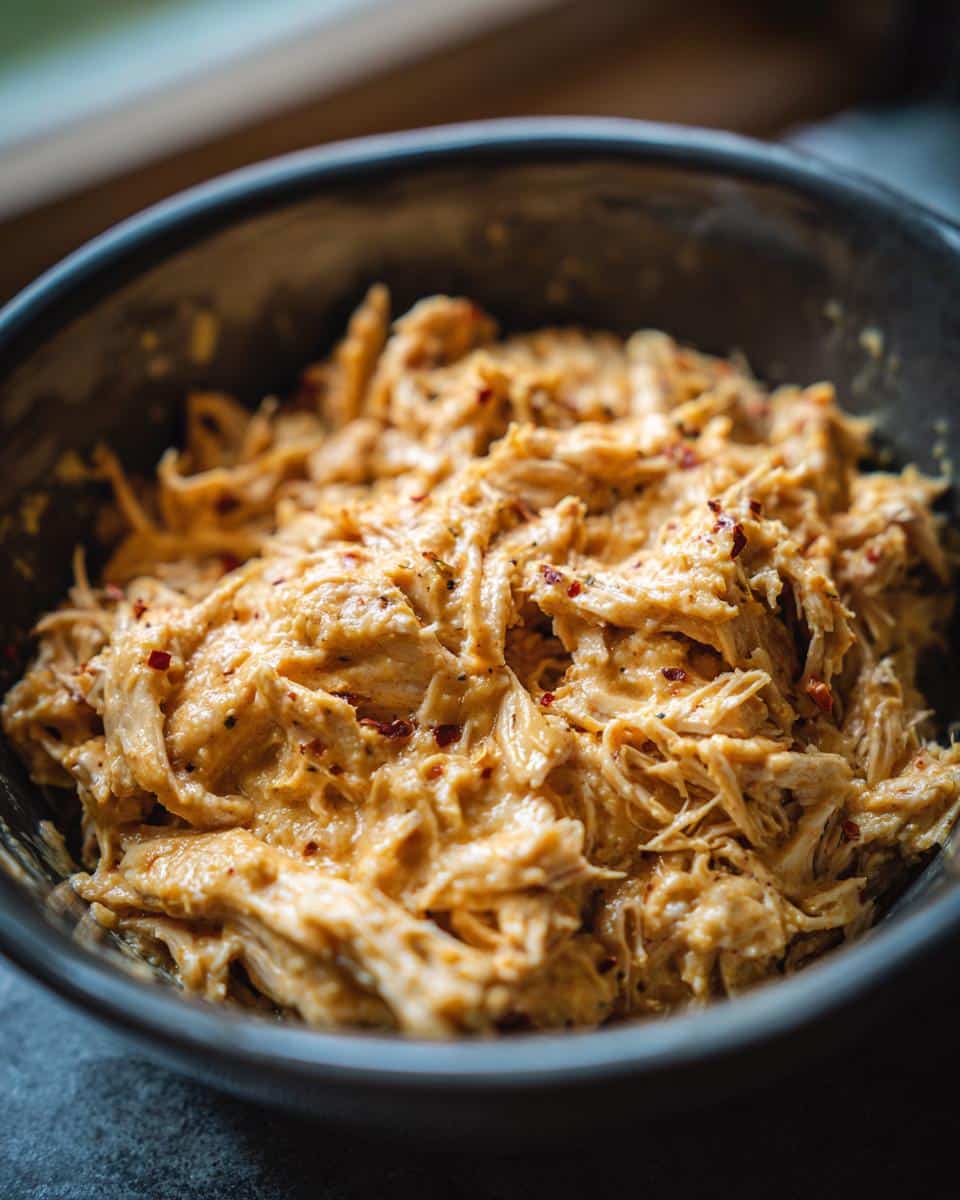 Close-up of shredded chicken breast in a creamy sauce, seasoned with red pepper flakes, perfect for chicken breast crockpot recipes.