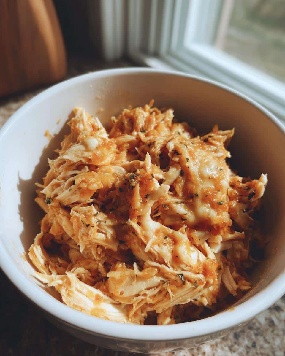 Close-up of shredded chicken breast in a bowl, coated in a savory sauce and herbs, perfect for chicken breast crockpot recipes.