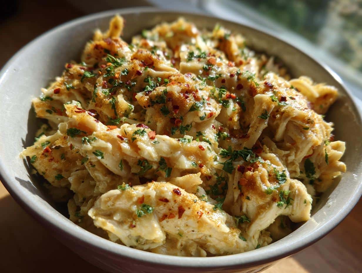 Close-up of shredded chicken breast in a creamy sauce, garnished with parsley and chili flakes, a perfect chicken breast crockpot recipe.