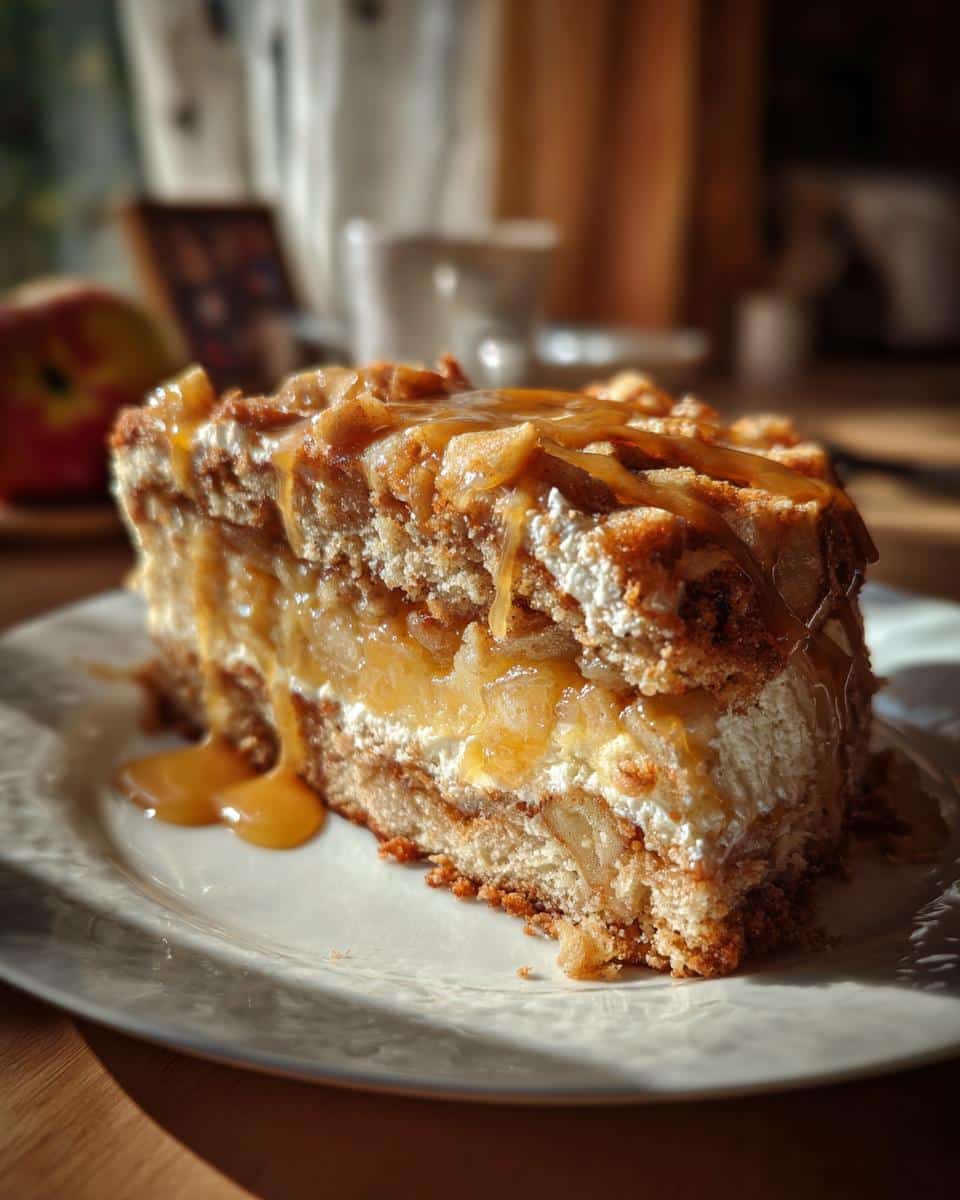 A slice of Silly cake with layers of apple, cream, and caramel drizzle on a white plate.