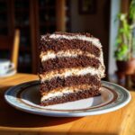 A slice of Silly cake with multiple layers of chocolate cake and white frosting on a plate.