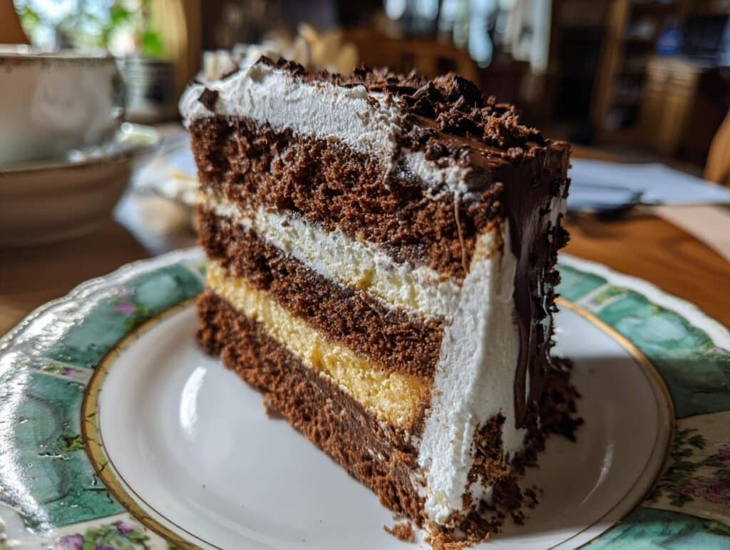 A slice of layered silly cake with chocolate, cream, and custard on a decorative plate.