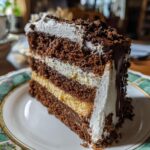 A slice of layered silly cake with chocolate, cream, and custard on a decorative plate.