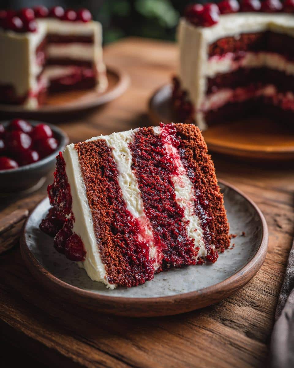 A delicious slice of silly cake with layers of red cake, white frosting, and cherry filling.
