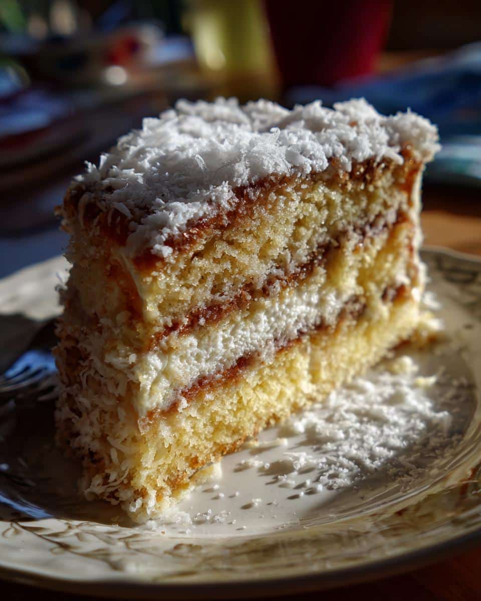 A slice of Silly cake with layers of sponge, cream, and jam, topped with shredded coconut.