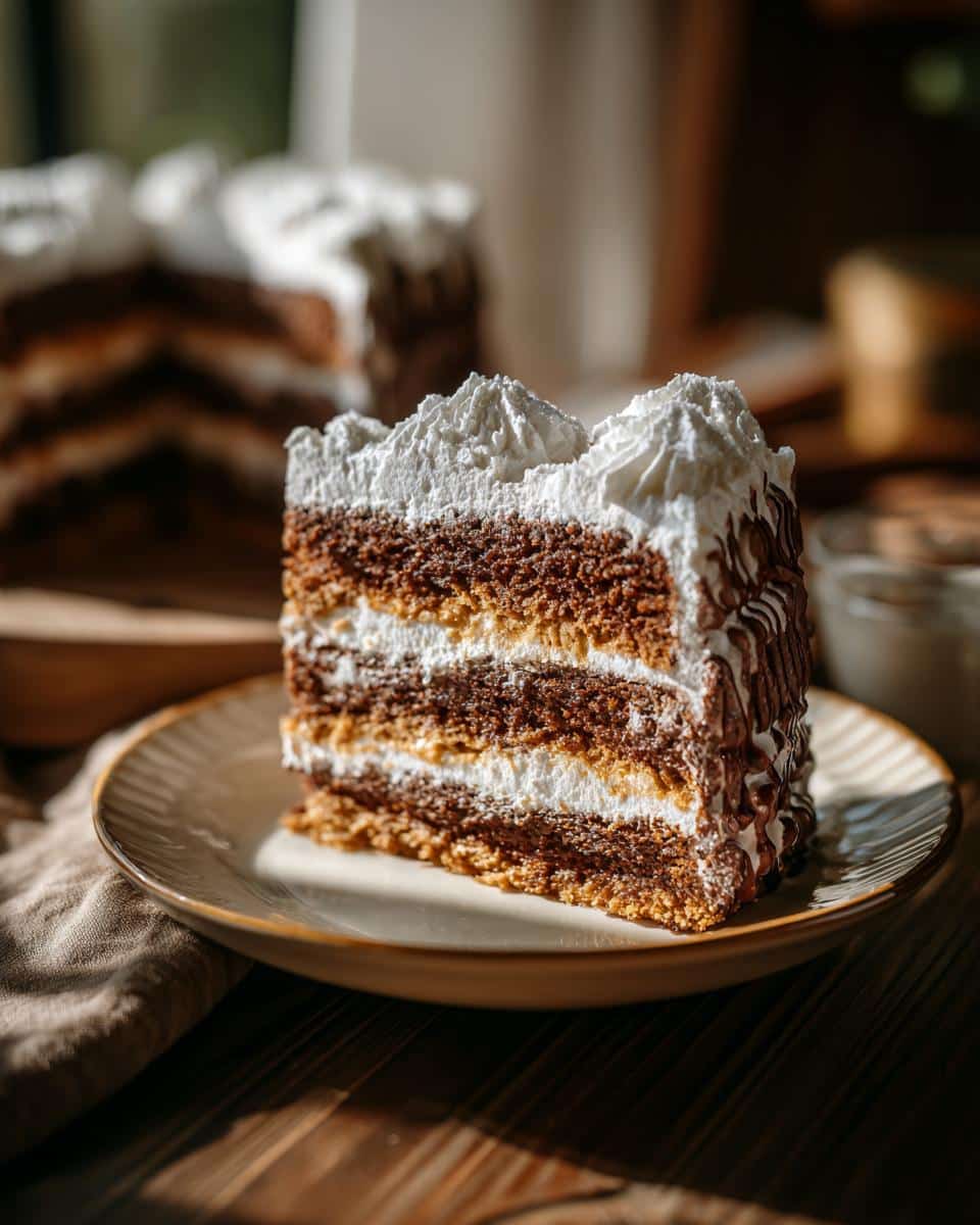 A slice of Silly cake with chocolate layers and white cream frosting on a plate.