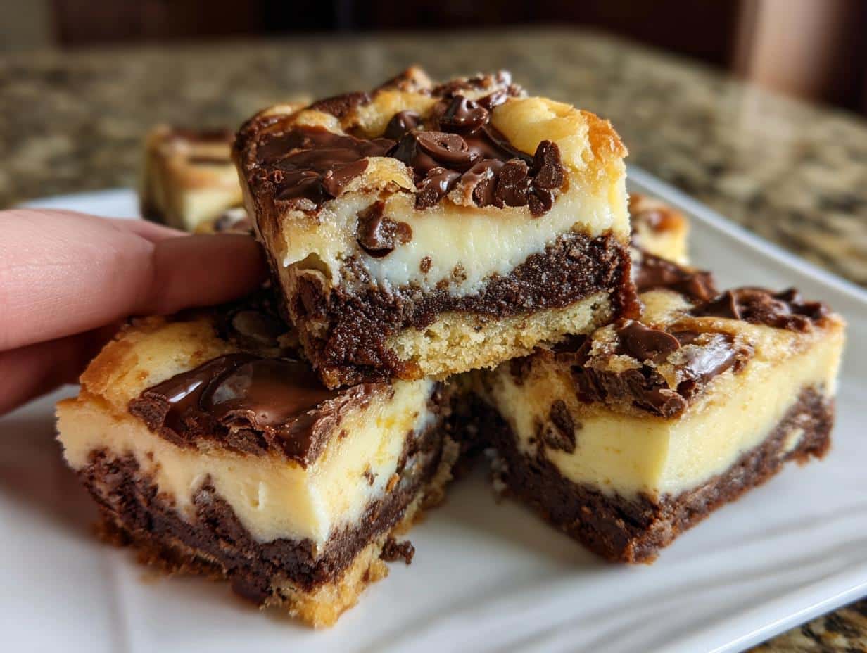 Close-up of stacked slutty cheesecake bars featuring a chocolate brownie layer, creamy cheesecake, and chocolate chips.