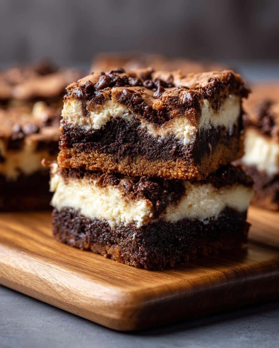 Close-up of two stacked slutty cheesecake bars on a wooden board, showing rich chocolate brownie layers and creamy cheesecake filling.