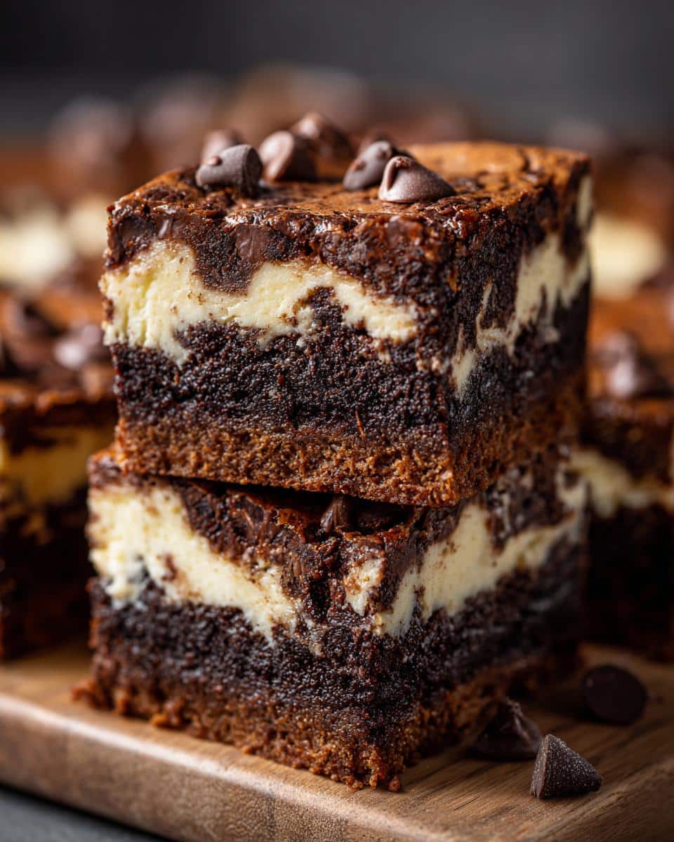 Close-up of stacked slutty cheesecake bars with a rich chocolate brownie base and creamy cheesecake layer, topped with chocolate chips.