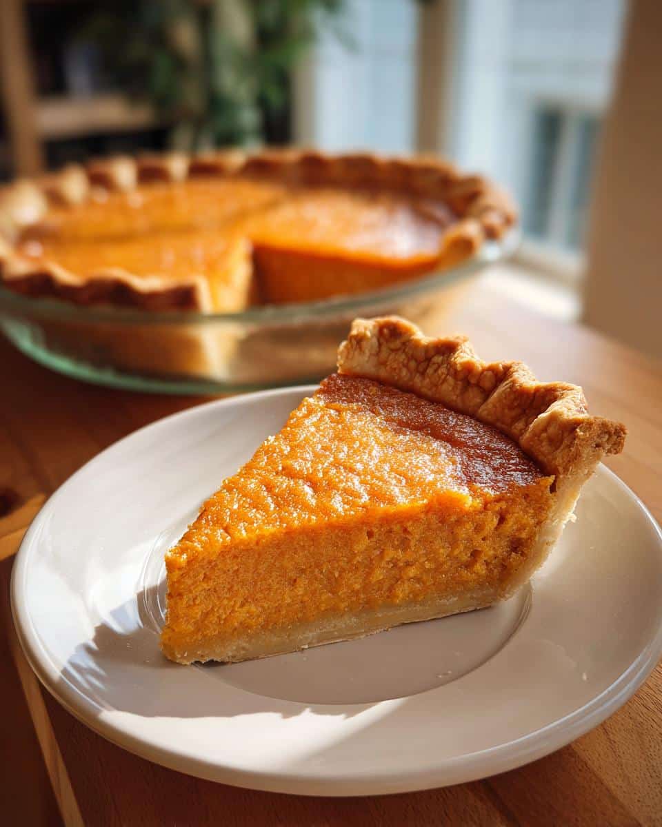 A slice of soulful sweet potato pie on a white plate, with the rest of the pie in the background.