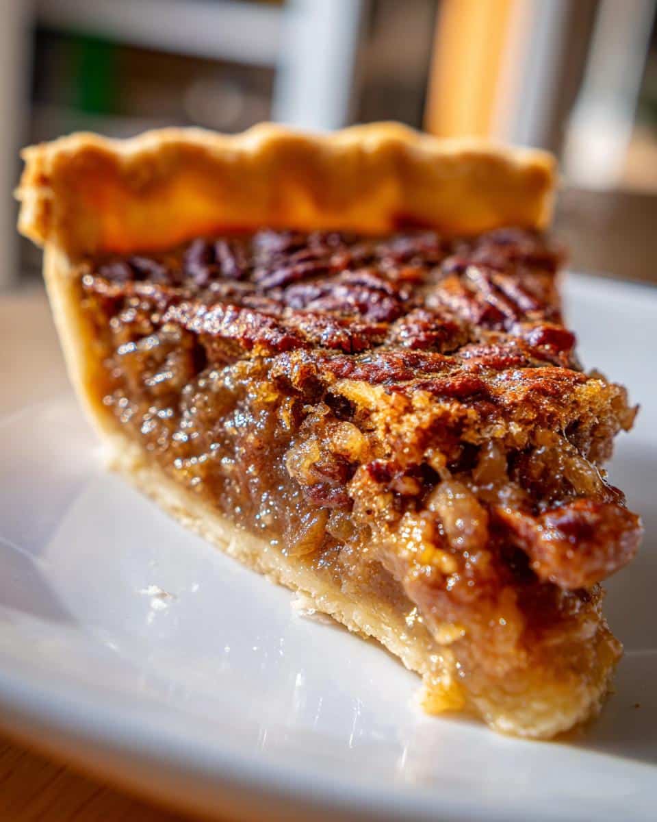 A close-up of a slice of classic SOUTHERN PECAN PIE on a white plate, showcasing the flaky crust and rich filling.