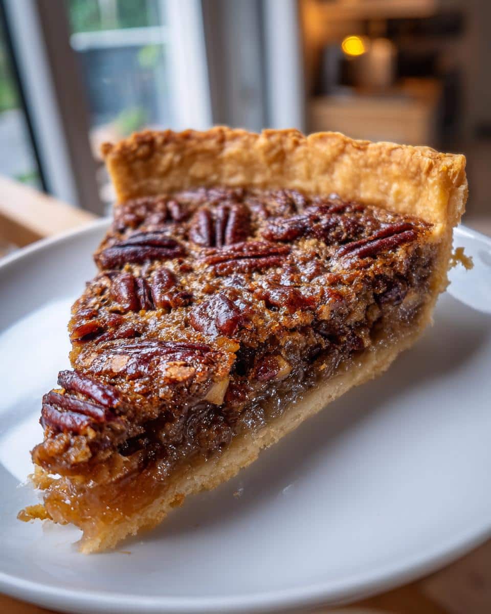 A tempting slice of classic SOUTHERN PECAN PIE on a white plate, showcasing a flaky crust and rich pecan filling.