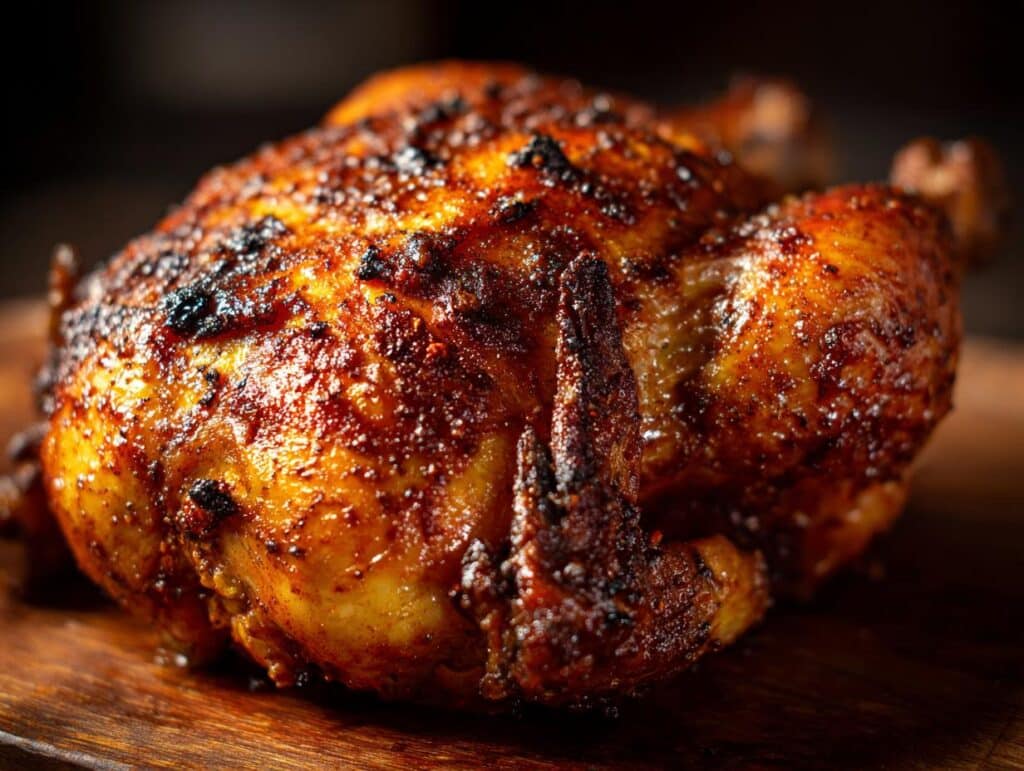 A perfectly roasted spiced roast chicken with crispy skin, sitting on a wooden board.