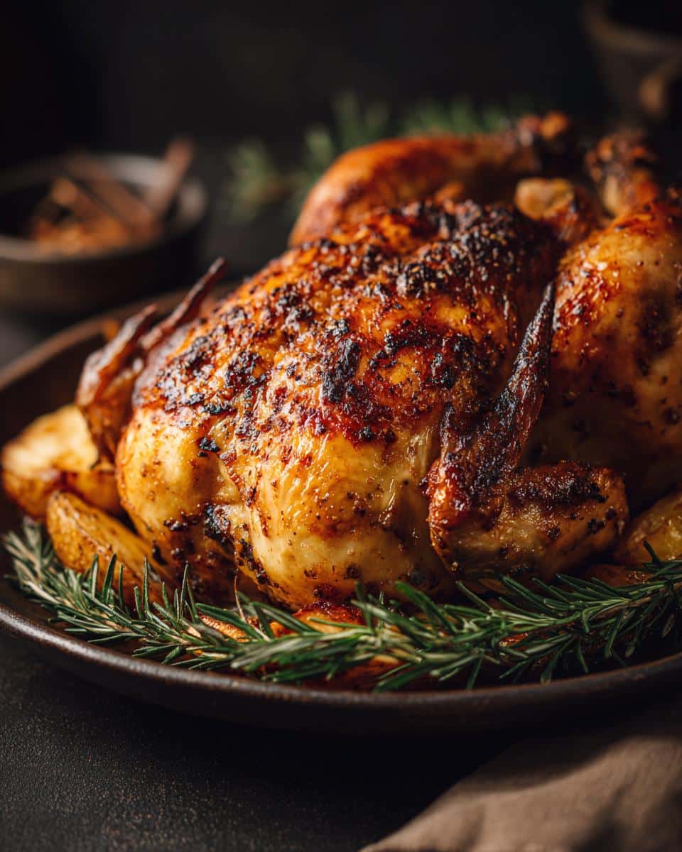 Close-up of a perfectly cooked Spiced Roast Chicken on a platter with roasted potatoes and rosemary garnish.