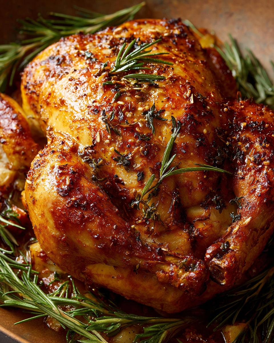 A perfectly cooked Spiced Roast Chicken garnished with fresh rosemary, showcasing its golden-brown skin and juicy appearance.