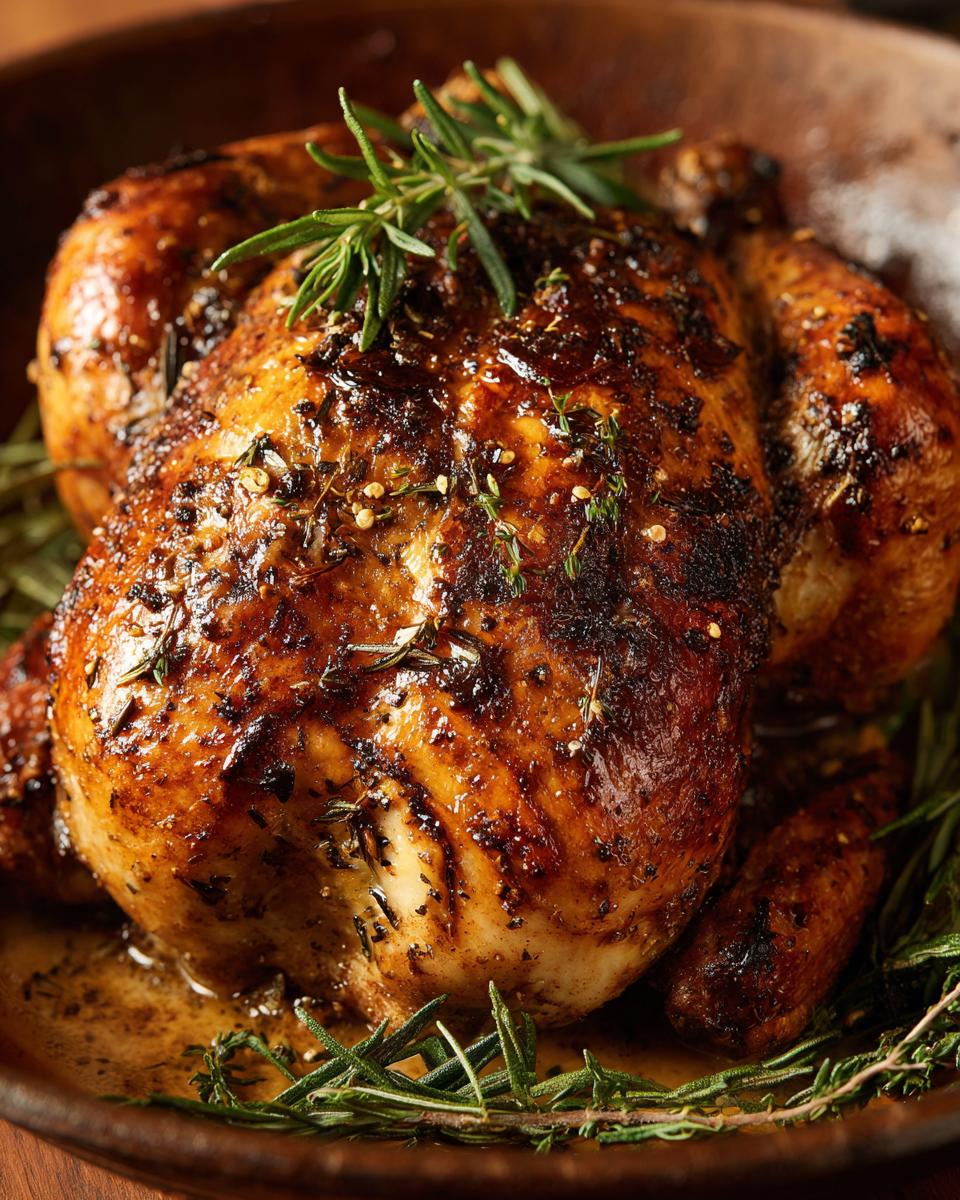 A whole Spiced Roast Chicken with golden-brown skin, garnished with fresh rosemary and herbs.