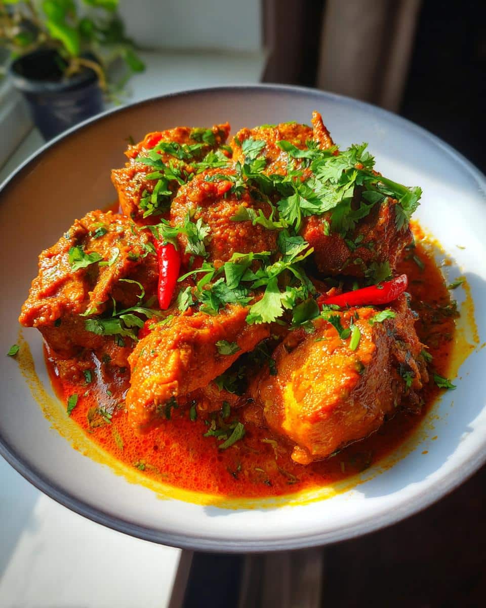 A bowl of Spicy Chicken Curry garnished with cilantro and red chili peppers, ready to serve.
