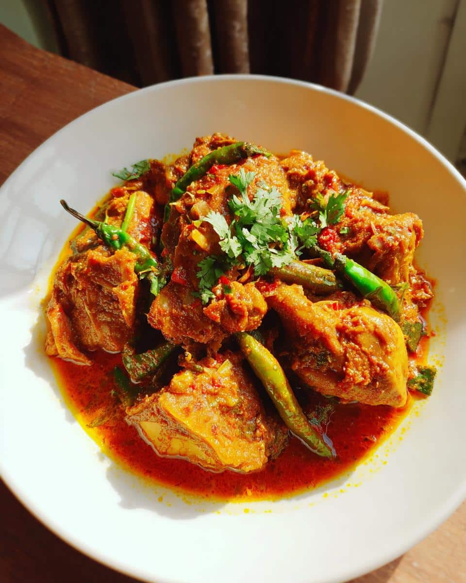 A bowl of Spicy Chicken Curry garnished with green chilies and cilantro, ready to be served.