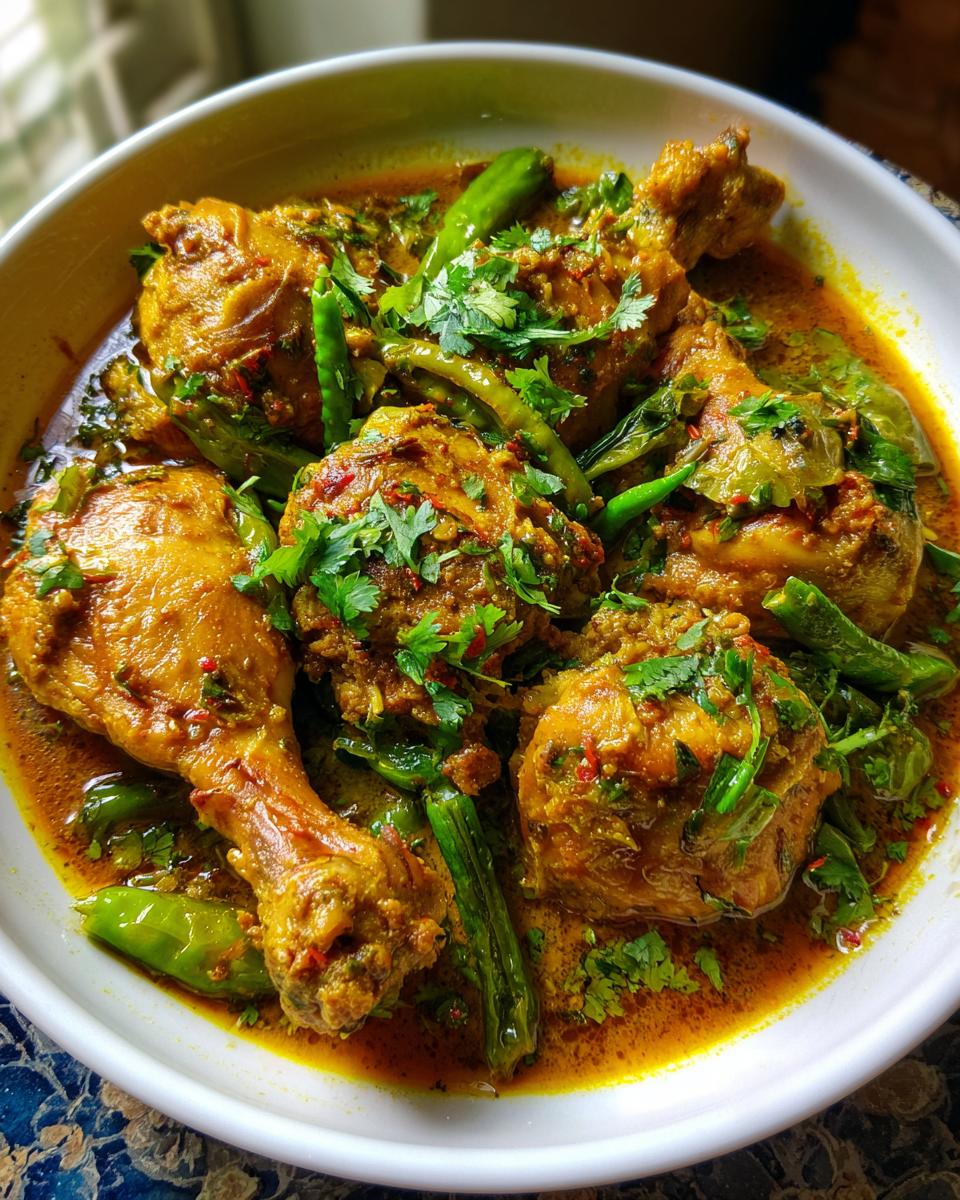 Overhead shot of Spicy Chicken Curry in a white bowl, garnished with green chilies and cilantro.