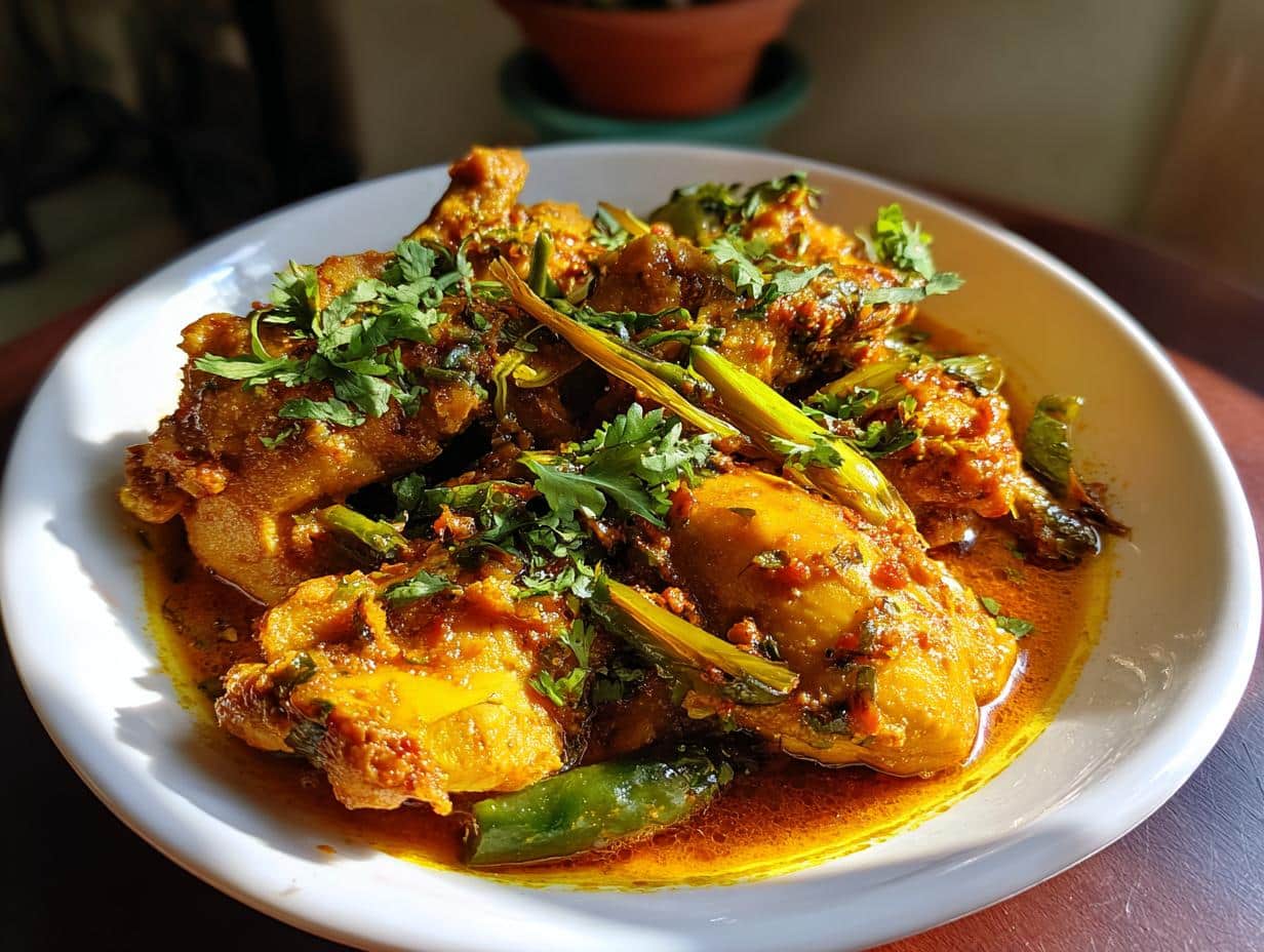 A plate of Spicy Chicken Curry, garnished with fresh cilantro and green chilies, ready to be served.