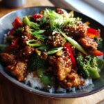 A bowl of spicy chicken stir-fry with rice, broccoli, peppers, and sesame seeds.