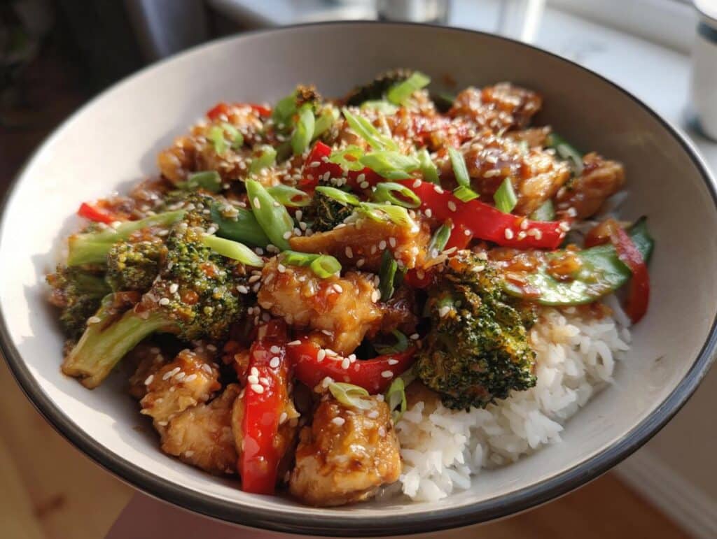 A bowl of spicy chicken stir-fry with rice, broccoli, red peppers, and sesame seeds.