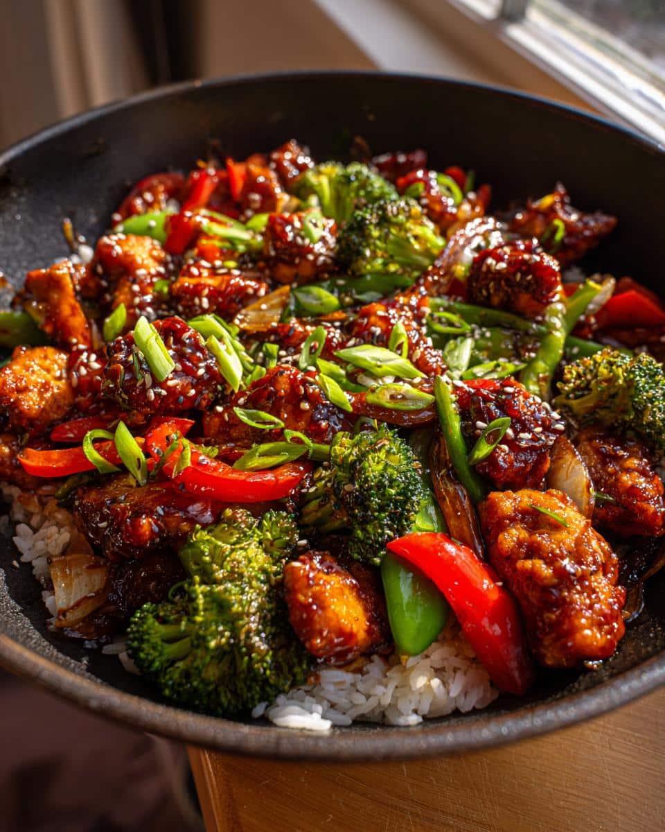 A bowl of Spicy Chicken Stir-Fry with rice, broccoli, red peppers, and green onions, topped with sesame seeds.