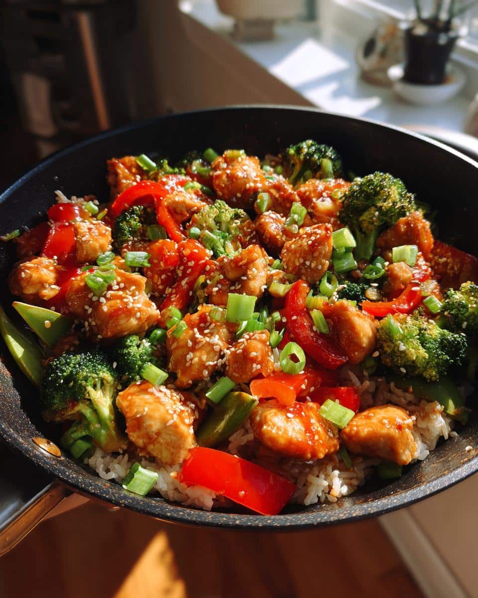 A pan filled with delicious Spicy Chicken Stir-Fry, featuring chicken, broccoli, red peppers, and sesame seeds.