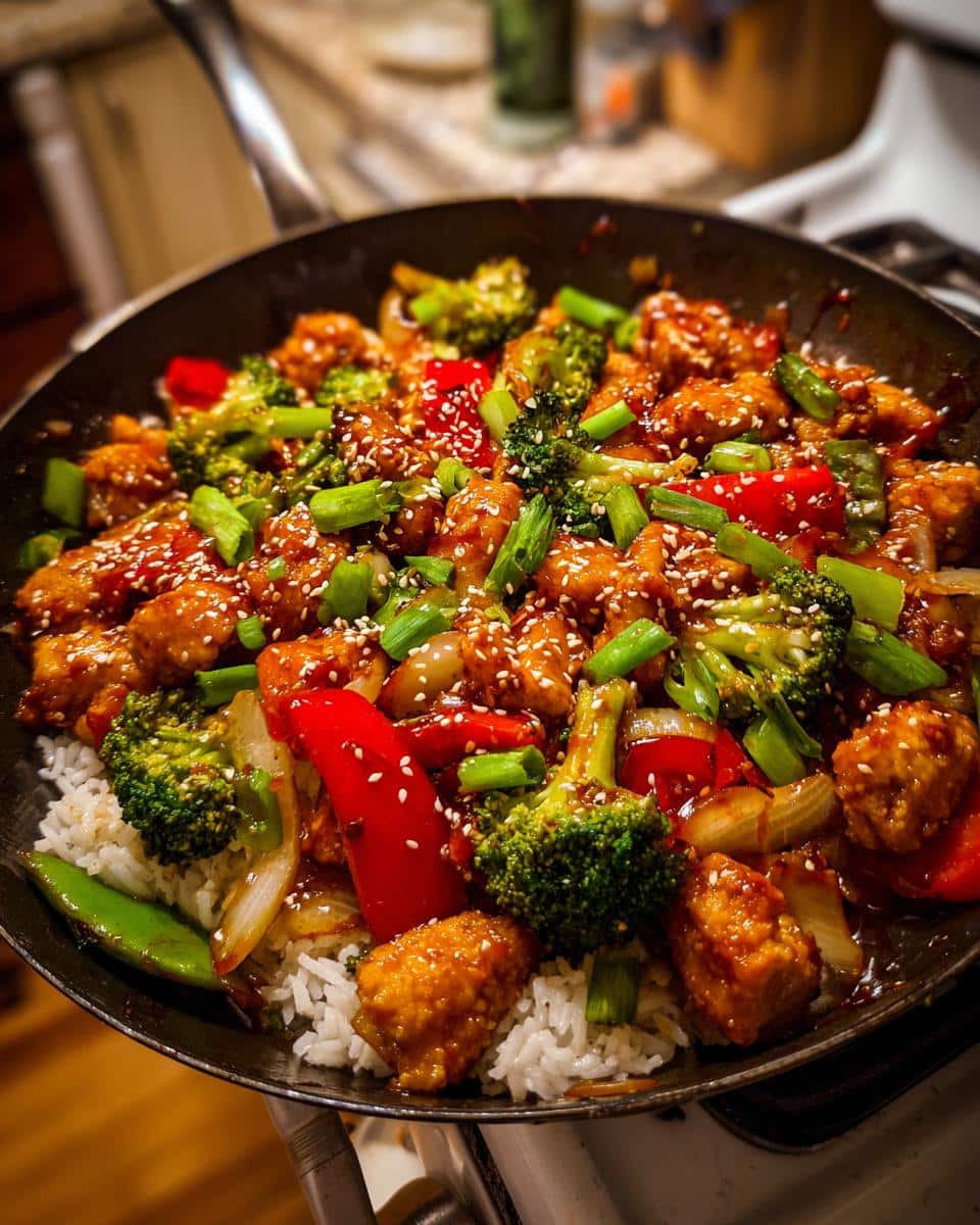 A pan filled with spicy chicken stir-fry, featuring chicken, broccoli, red peppers, and sesame seeds over rice.